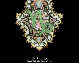 Capricorn Hamsa Fine Art Print - Astrology Talisman Wall Art, Sacred Symbol Decor, Personal Blueprint Archive, Unframed Celestial Ma