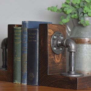 Industrial Rustic Bookends Set of 2,  Heavy Wood Bookends with Metal Pipe, Modern Farmhouse Vintage Book Ends