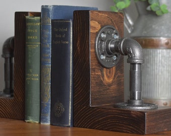 Industrial Rustic Bookends Set of 2,  Heavy Wood Bookends with Metal Pipe, Modern Farmhouse Vintage Book Ends