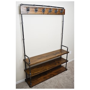 Industrial Style Entryway Bench with Coat Hooks and Shoe Rack, Mudroom Organization Coat Rack and Shoe Bench Hall Tree image 3