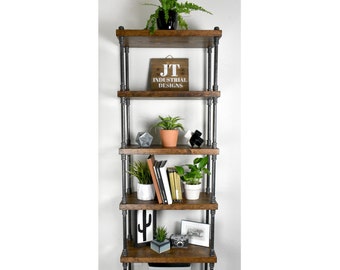 Industrial Farmhouse Bookcase Shelving with Genuine Black Iron Pipe Frame, Vintage Farmhouse Style Bookshelf Display with Wood Shelves