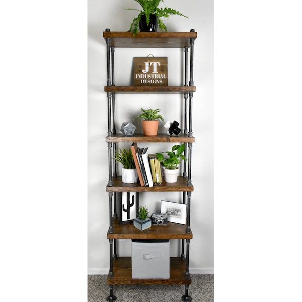 Industrial Farmhouse Bookcase Shelving with Genuine Black Iron Pipe Frame, Vintage Farmhouse Style Bookshelf Display with Wood Shelves