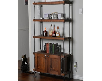Industrial Style Bookcase with Cabinet Storage, Rustic Vintage Bookshelf with Enclosed Storage, Bookcase with Doors