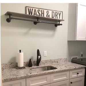 Industrial Pipe Hanger with Wood Shelf, Wall Mounted Shelf with Hanger Rack, Closet Laundry Room Storage, Farmhouse Kitchen Open Shelving image 7