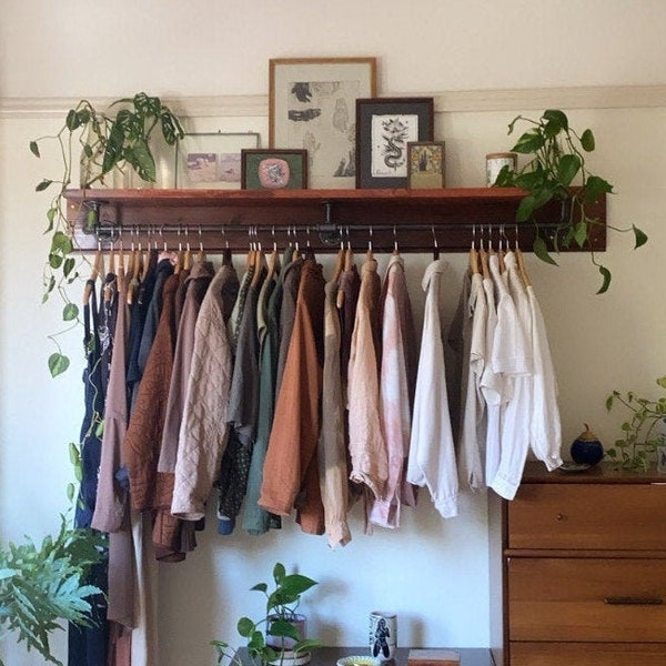 Closet Shelving with Industrial Pipe Hanger Rack, Laundry Room Organization Shelf, Clothes Hanging Bar, Storage Shelf, Optional Wood Backing