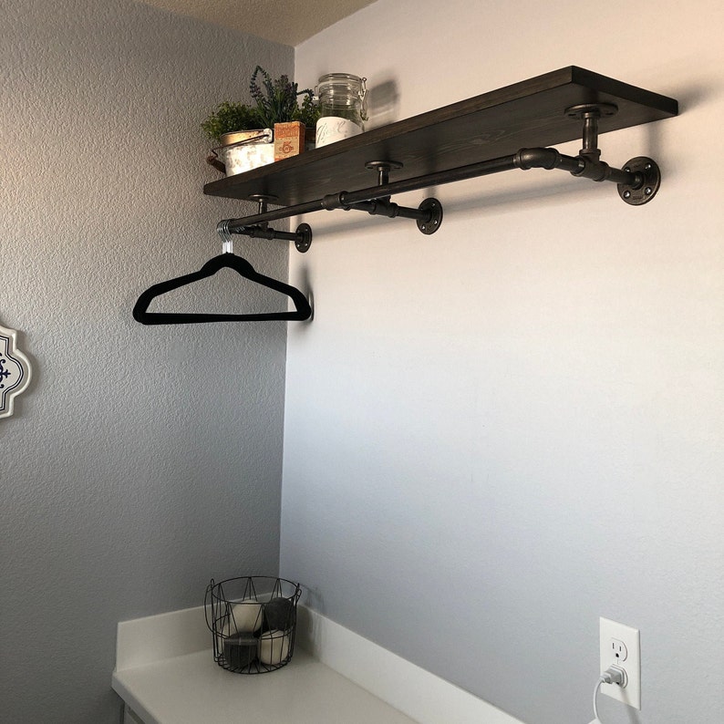 Industrial Pipe Hanger with Wood Shelf, Wall Mounted Shelf with Hanger Rack, Closet Laundry Room Storage, Farmhouse Kitchen Open Shelving image 4