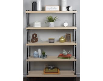 Industrial Style Maple Hardwood Bookcase, Maple Farmhouse Vintage Bookshelf, Real Maple Wood Shelving with Black Iron Pipe