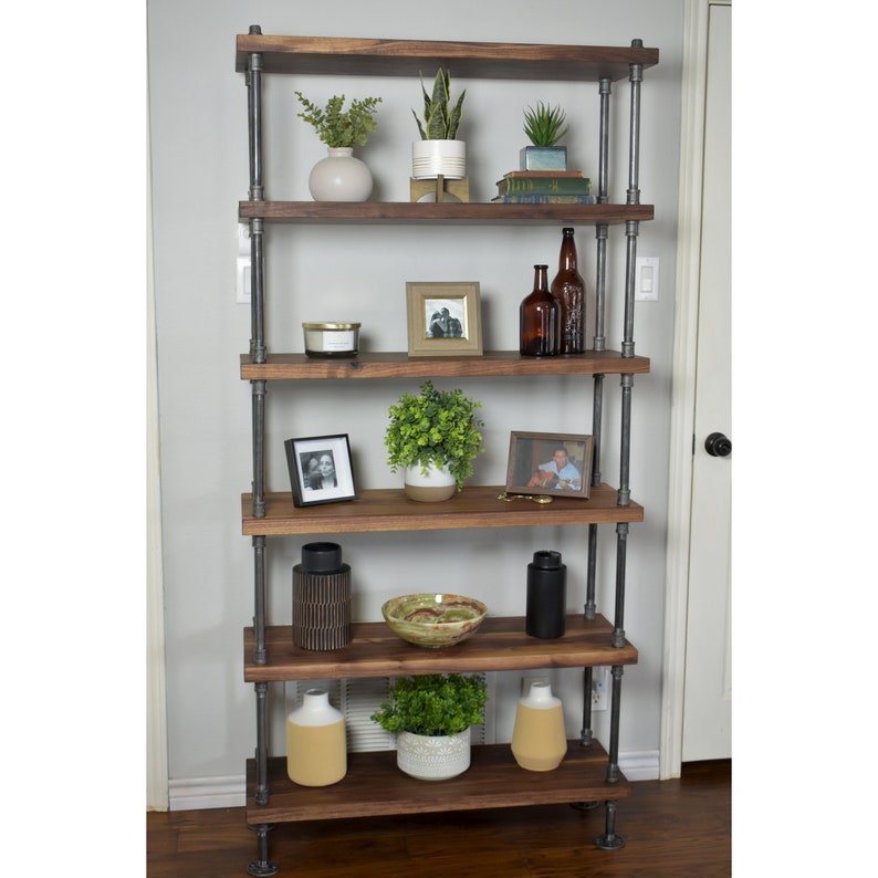 Solid Walnut Hardwood Bookcase with Industrial Farmhouse Style Metal Frame image 2