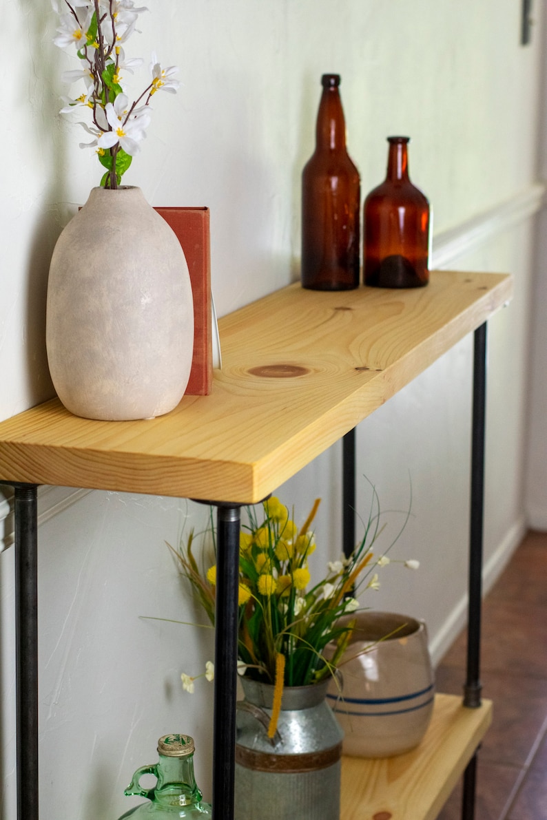 Industrial Style Tall Entryway Table with Shelf, Farmhouse Vintage Sofa Table with Iron Pipes and Wood Shelves, Console Hallway Table image 3