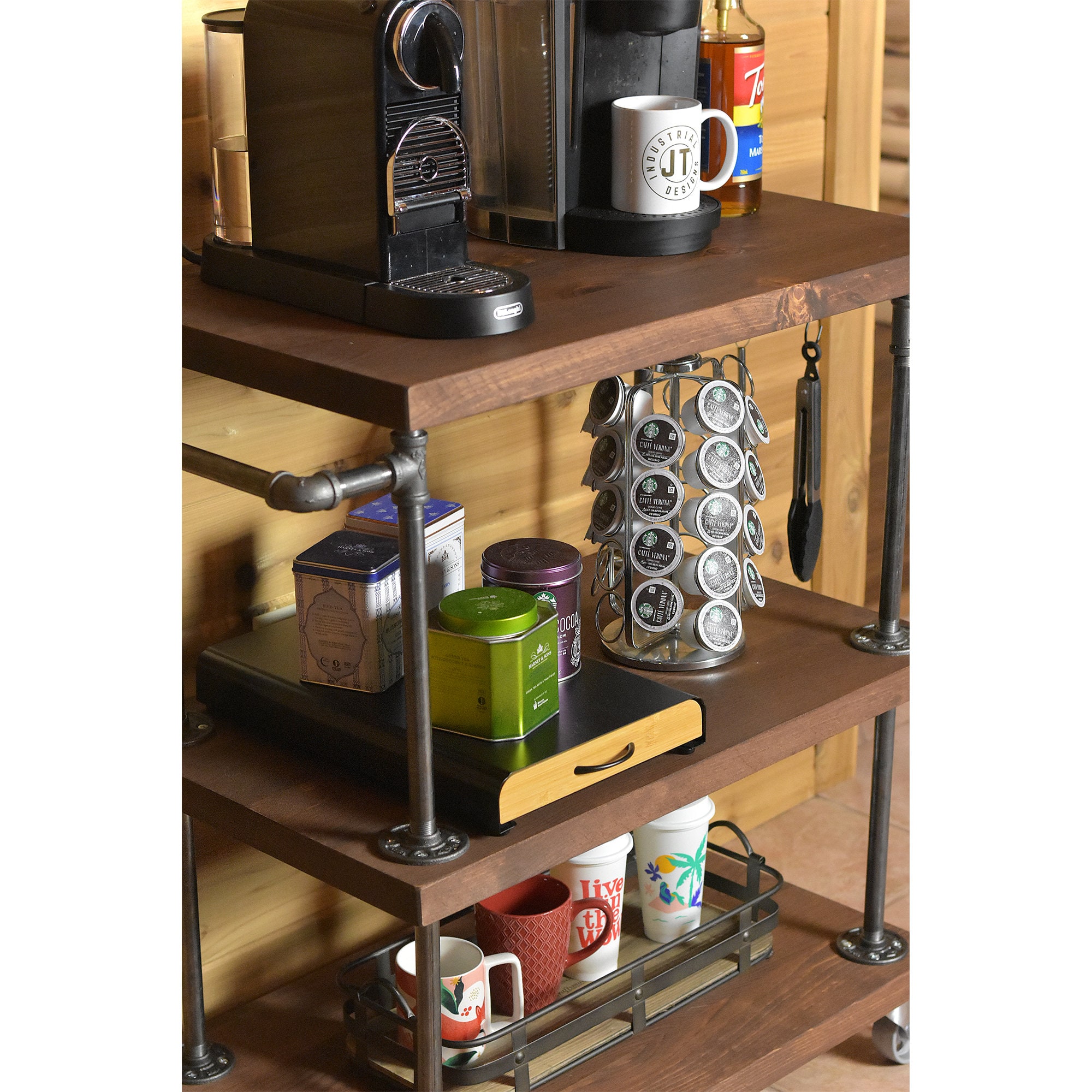 Hbboomlife Coffee Cart Coffee with Industrial Coffee Station with Drawer Farmhouse Coffee Station Table with Doors and Shelves Small Coffee Tea Cart