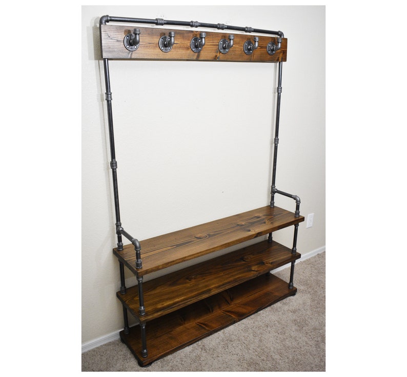 Industrial Style Entryway Bench with Coat Hooks and Shoe Rack, Mudroom Organization Coat Rack and Shoe Bench Hall Tree image 3