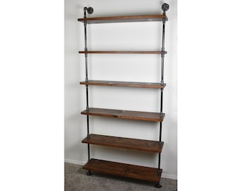 Industrial Vintage Wall Mounted Ladder Bookcase, Farmhouse Wall Mount Shelving Unit, Ladder Bookshelf with Iron Pipe