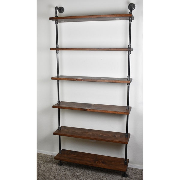 Industrial Vintage Wall Mounted Ladder Bookcase, Farmhouse Wall Mount Shelving Unit, Ladder Bookshelf with Iron Pipe