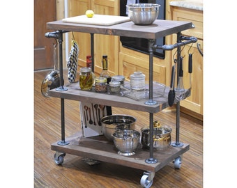 Industrial Farmhouse Kitchen Island Prep Cart with Rolling Casters, Utility Storage Kitchen Server Cart with Wood Shelves