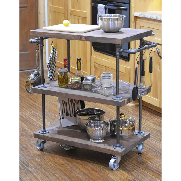 Industrial Farmhouse Kitchen Island Prep Cart with Rolling Casters, Utility Storage Kitchen Server Cart with Wood Shelves