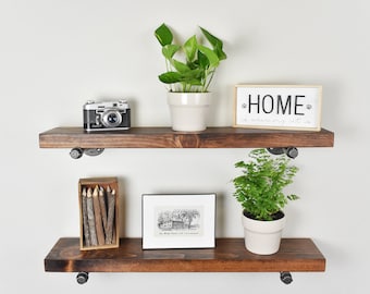 Floating Shelf Wood Shelving, Industrial and Farmhouse Style Open Shelving with Iron Pipe Brackets