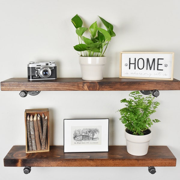 Floating Shelf Wood Shelving, Industrial and Farmhouse Style Open Shelving with Iron Pipe Brackets