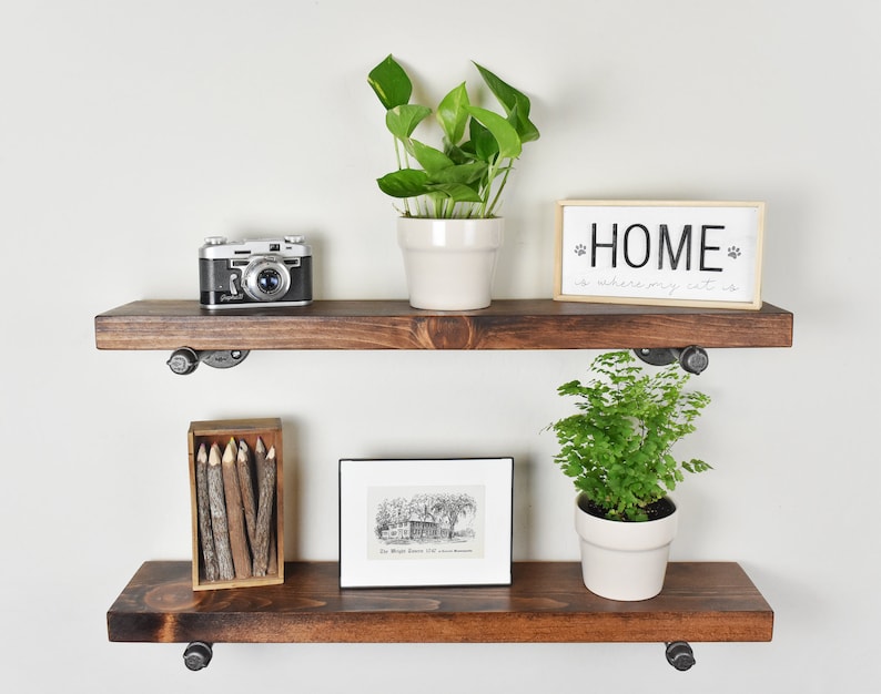 Rustic Style Floating Shelf, Solid Wood Shelving, Industrial and Farmhouse Style Open Shelving with Iron Pipe Brackets, Wall Shelves 画像 3