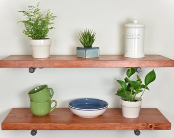 Industrial Floating Shelf, Open Shelving Farmhouse Style Wood Shelf with Iron Pipe Brackets