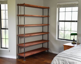 Industrial Bookshelf with Solid Wood Shelves, Extra Depth for Extra Storage Space, Iron Pipe Frame, Modern Farmhouse Bookcase, Open Shelving