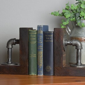 Industrial Rustic Bookends Set of 2, Heavy Wood Bookends With Metal ...
