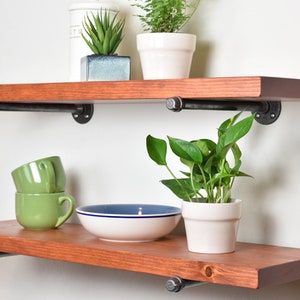 Rustic Style Floating Shelf, Solid Wood Shelving, Industrial and Farmhouse Style Open Shelving with Iron Pipe Brackets, Wall Shelves afbeelding 2
