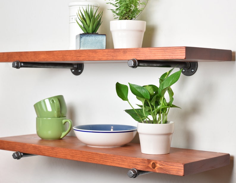 Rustic Style Floating Shelf, Solid Wood Shelving, Industrial and Farmhouse Style Open Shelving with Iron Pipe Brackets, Wall Shelves image 2