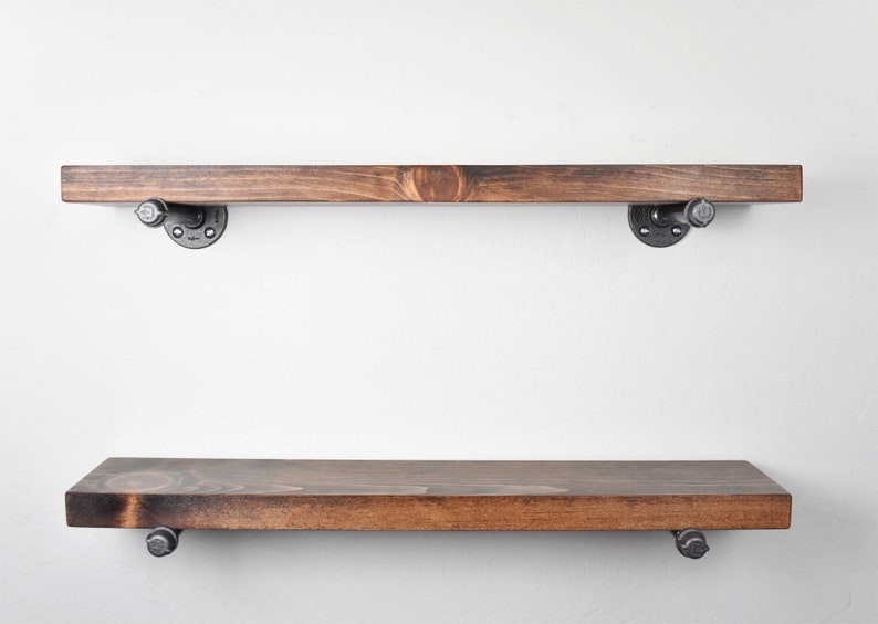 Rustic Style Floating Shelf, Solid Wood Shelving, Industrial and Farmhouse Style Open Shelving with Iron Pipe Brackets, Wall Shelves afbeelding 5