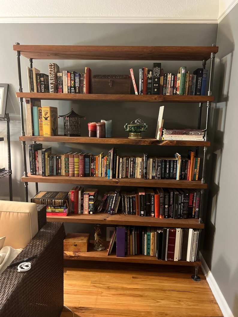 Industrial Bookshelf with Solid Wood Shelves, Extra Depth for Extra Storage Space, Iron Pipe Frame, Modern Farmhouse Bookcase, Open Shelving image 6