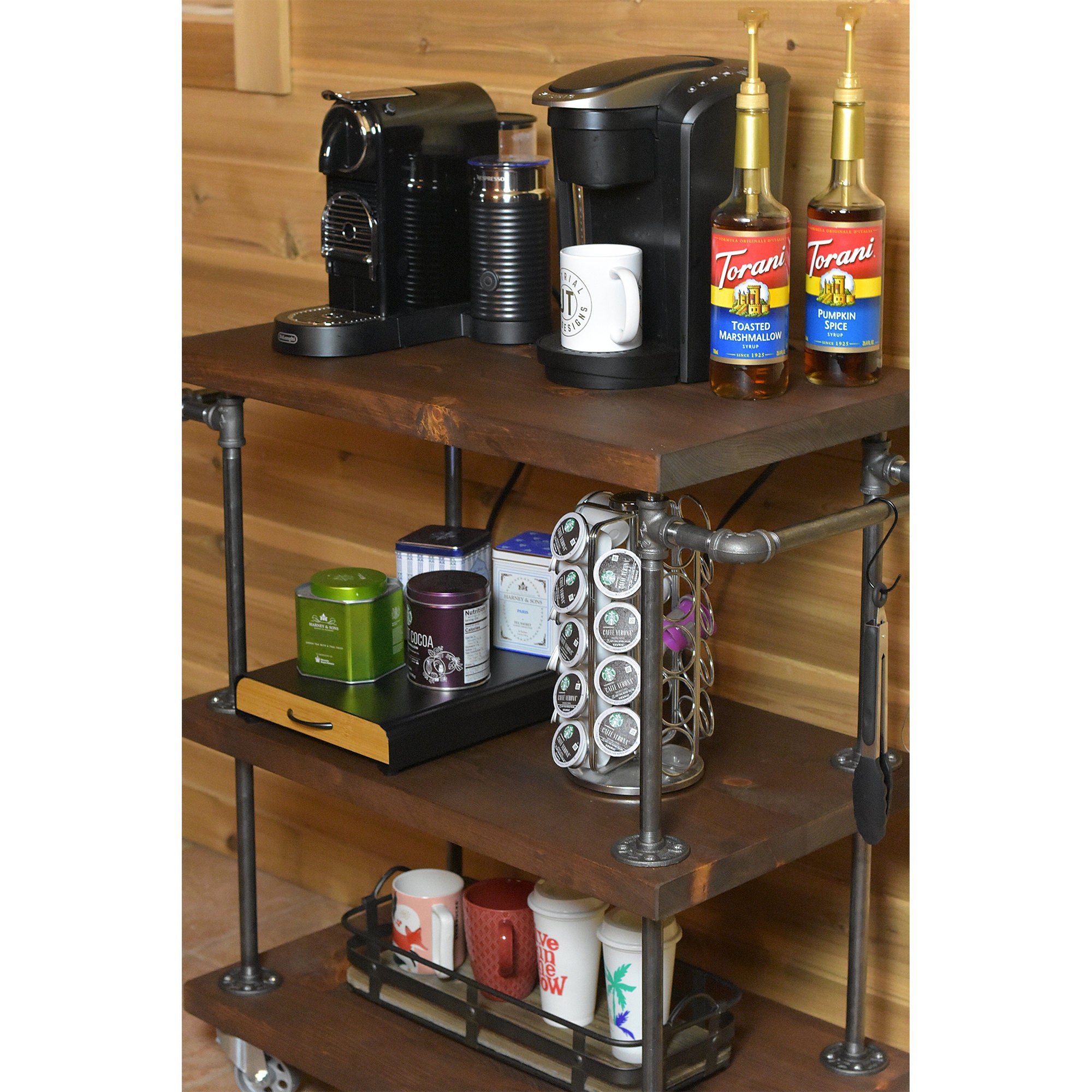 Industrial Coffee Bar Cart With Rolling Casters, Farmhouse Kitchen Coffee  Bar Server Station With Wheels and Handles 