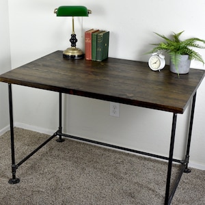 Industrial Desk with Metal Pipe Frame, Vintage Rustic Style Office Desk, Black Iron Desk Frame with Solid Wood Top