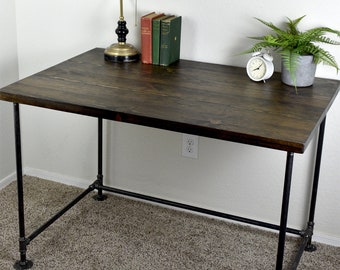 Industrial Desk with Metal Pipe Frame, Vintage Rustic Style Office Desk, Black Iron Desk Frame with Solid Wood Top