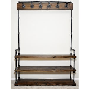 Industrial Style Entryway Bench with Coat Hooks and Shoe Rack, Mudroom Organization Coat Rack and Shoe Bench Hall Tree 6 hooks, width 48 inches