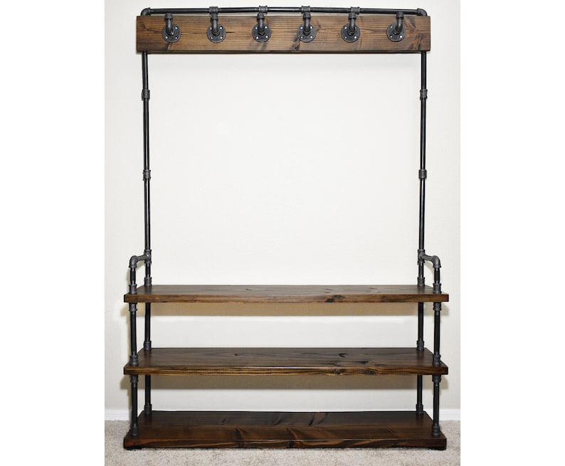 Industrial Style Entryway Bench with Coat Hooks and Shoe Rack, Mudroom Organization Coat Rack and Shoe Bench Hall Tree 6 hooks, width 48 inches