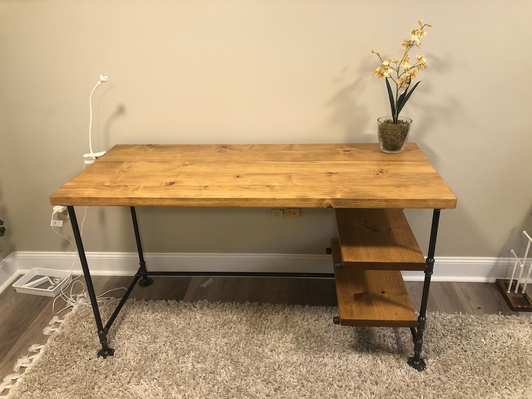 Industrial Desk With Pipe Frame and Shelves, Vintage Rustic Style
