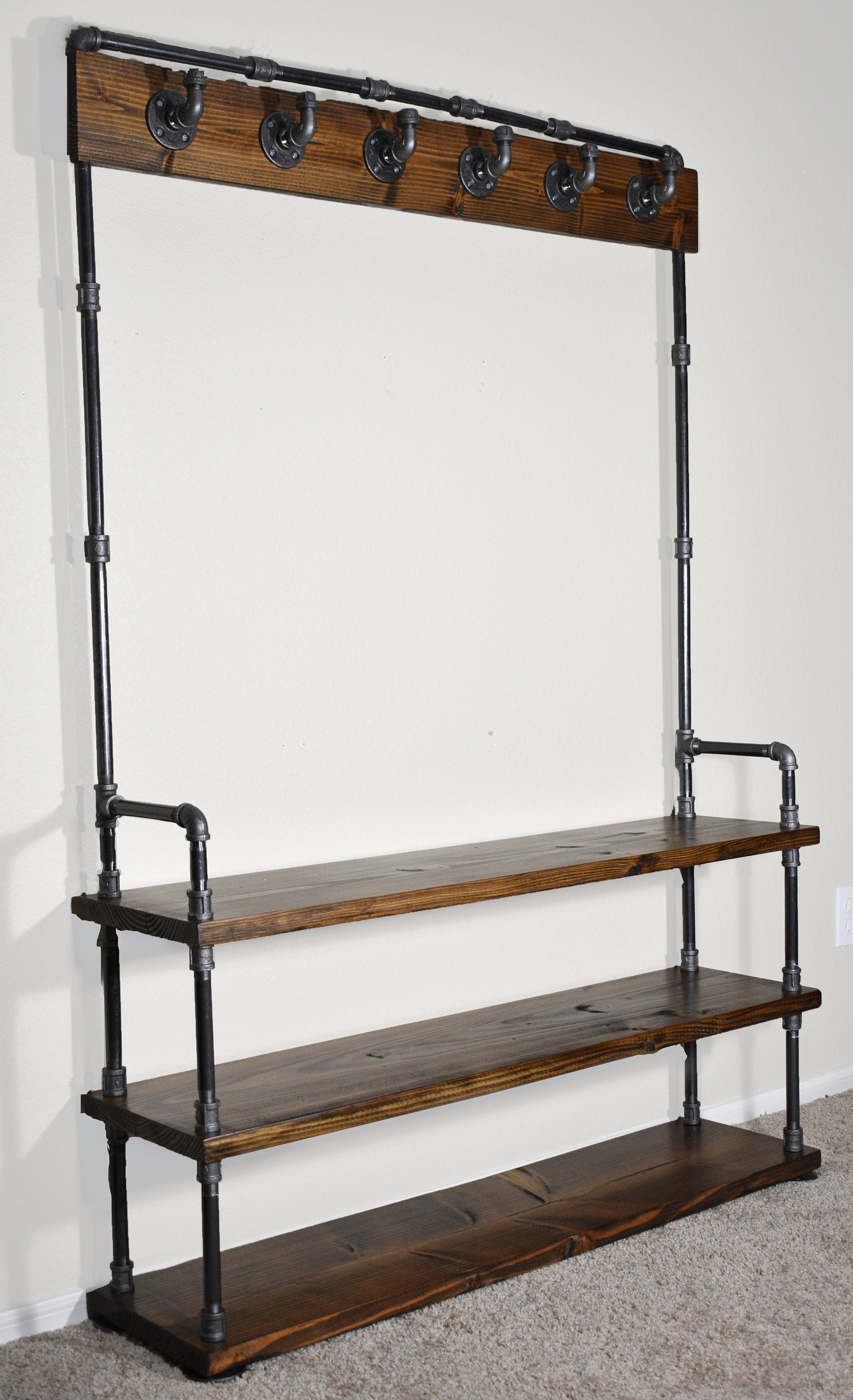 Industrial Style Entryway Bench With Coat Hooks and Shoe Rack