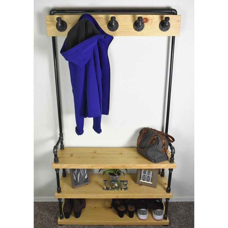 Industrial Style Entryway Bench with Coat Hooks and Shoe Rack, Mudroom Organization Coat Rack and Shoe Bench Hall Tree image 2