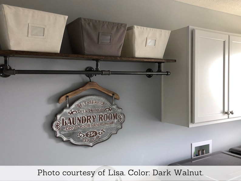 Industrial Pipe Hanger with Wood Shelf, Wall Mounted Shelf with Hanger Rack, Closet Laundry Room Storage, Farmhouse Kitchen Open Shelving image 6