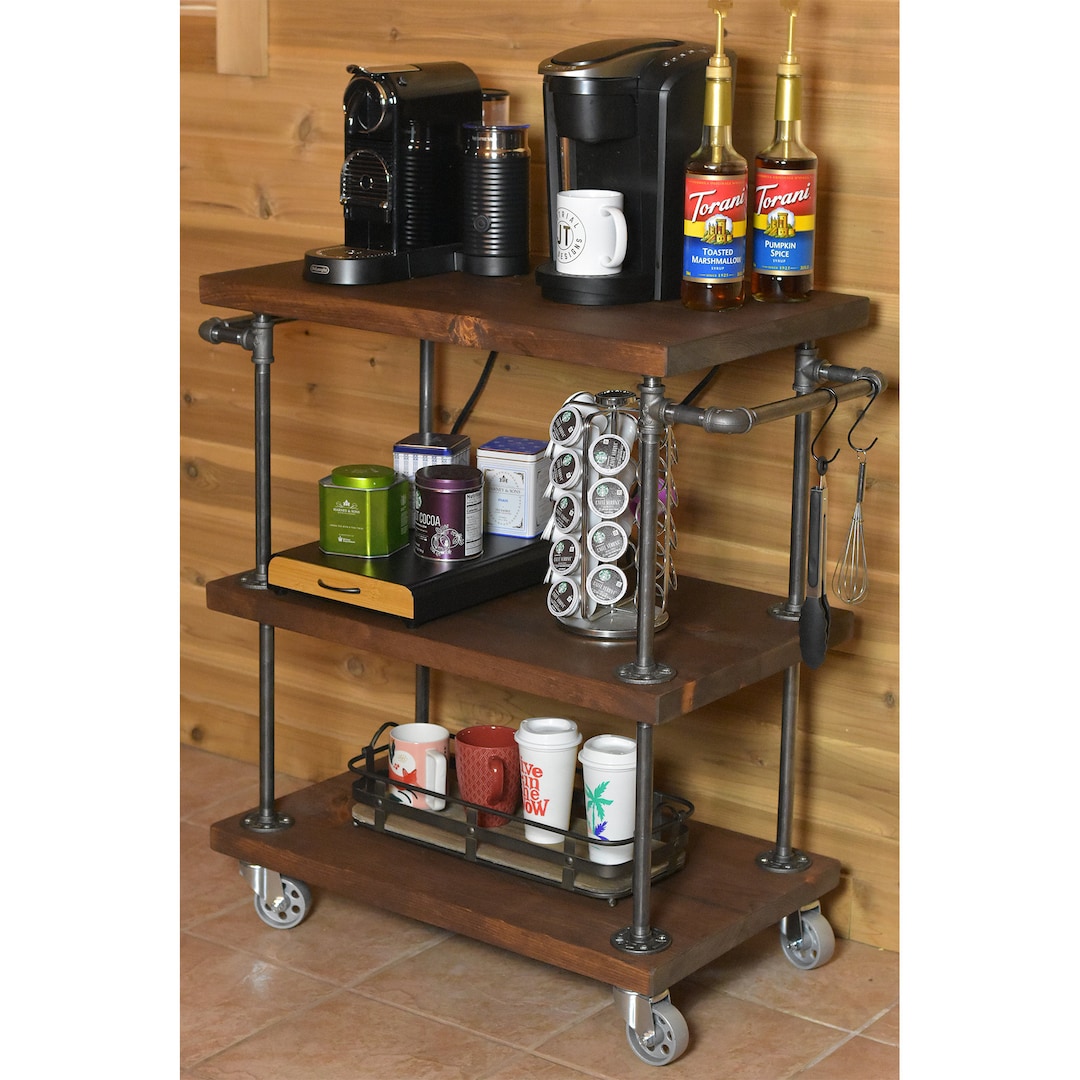 Industrial Coffee Bar Cart With Rolling Casters, Farmhouse Kitchen Coffee Bar Server Station