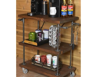 Industrial Coffee Bar Cart with Rolling Casters, Farmhouse Kitchen Coffee Bar Server Station with Wheels and Handles