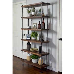 Solid Walnut Hardwood Bookcase with Industrial Farmhouse Style Metal Frame image 1