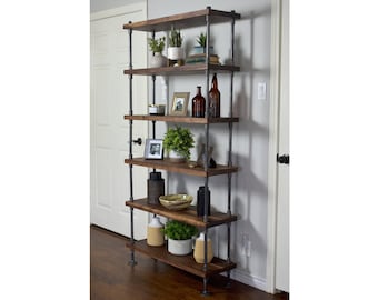 Solid Walnut Hardwood Bookcase with Industrial Farmhouse Style Metal Frame