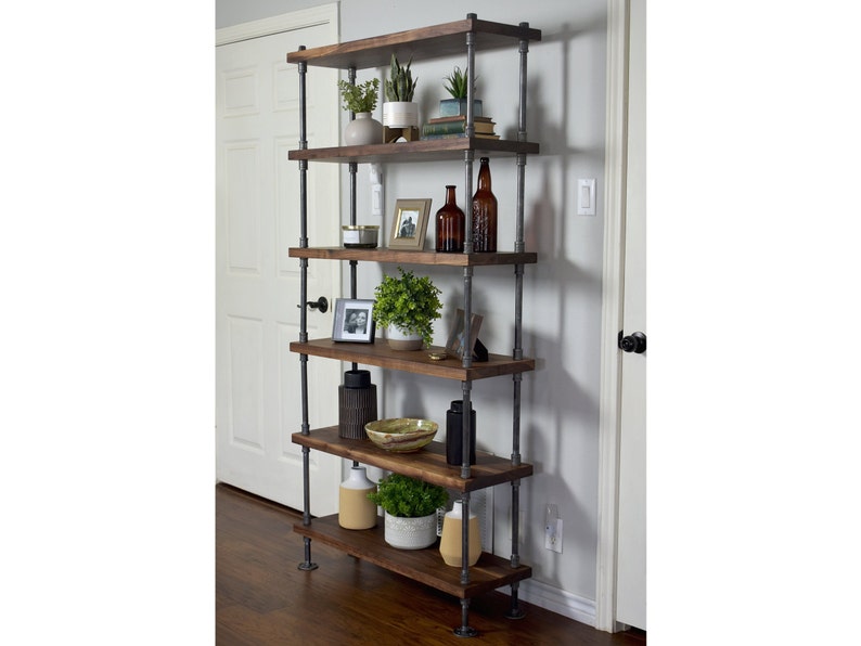 Solid Walnut Hardwood Bookcase with Industrial Farmhouse Style Metal Frame image 1