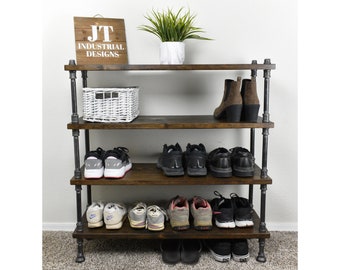 Industrial Style Shoe Rack, Entryway Shoe Storage, Rustic Shoe Bench Organizer