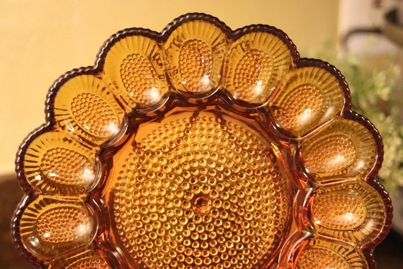 Large Vintage Amber Hobnail Pressed Glass Deviled Egg Plate Etsy
