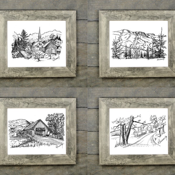 Vermont Wall Art Collection - Original Ink Drawings - Waits River, Spruce Peak, Woodstock Middle Bridge, Jenne Vermont Farm