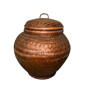 Large Vintage Handmade Lidded Snake Charmer Woven Wicker Storage Basket Brown