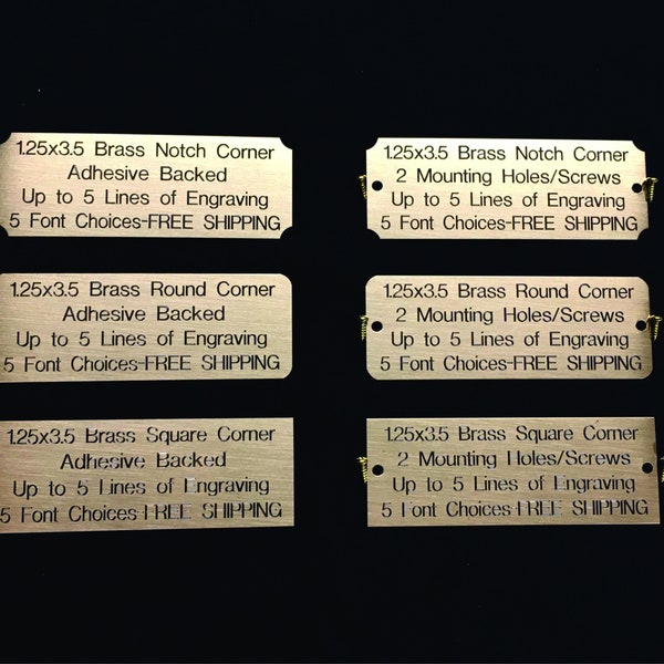 1.25"x3.5" Custom Engraved Brass Plate - 6 different configurations available. Picture Plaque Name Tag Trophy Flag Pet