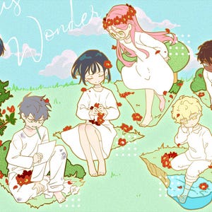 May include: A whimsical illustration with figures in white clothing set in a fantastical landscape. The artwork includes the text "Precious Wonders" and "Designs by Huuni". Red flowers and greenery surround the figures, set against a light blue and green backdrop.