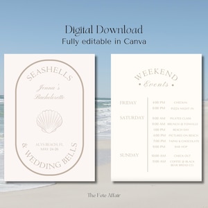Coastal Seashells and Wedding Bells Bachelorette Invitation and Itinerary Template, Beach Bachelorette Party Invite, Editable Canva Template